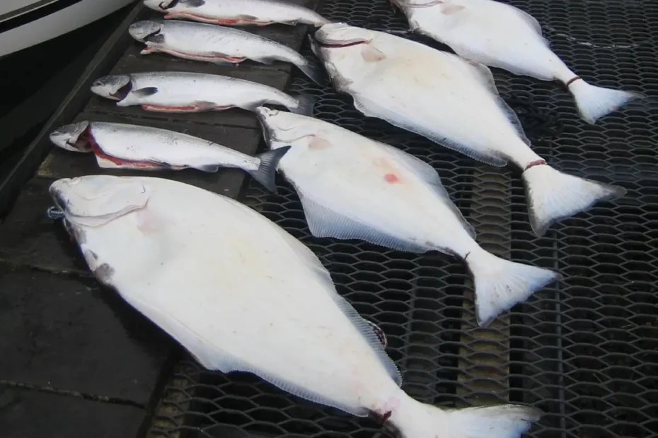 A row of fresh caught silver Pacific salmon alongside multiple white-bellied Pacific halibut laid out systematically on a black metal mesh dock walkway.